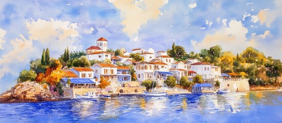 Naklejka premium Charming Coastal Village in Serene Watercolor: A Mediterranean Escape Captured in Art