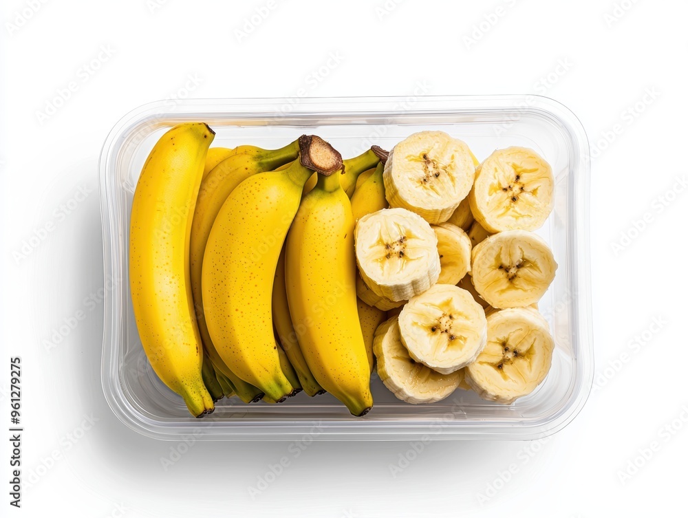 Poster a container of bananas and bananas with a few slices missing