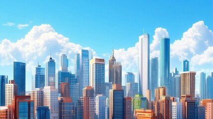 Obraz premium A city skyline under a clear blue sky, with tall buildings and vibrant colors standing out against the backdrop.