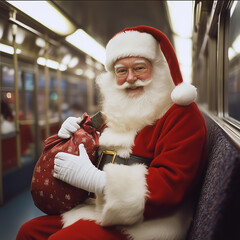 Santa Claus smiling on bus looks at camera with glasses holding his sack of presents sitting right, vertical