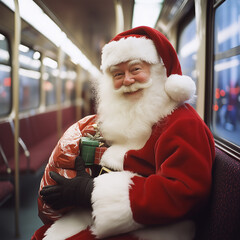 Santa Claus on the bus with his sack of presents sitting on the right side of the image looking at the camera, solitary, vertical