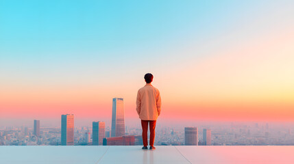 The back view of a person looking out over a modern city skyline, this image reflects the essence of new beginnings and hope for the future, representing personal growth, progress, and a new chapter.