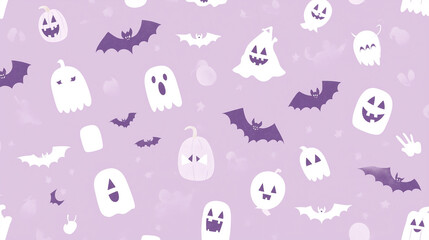 Holiday background design with pumpkins, bats and ghosts on light purple background. Halloween concept