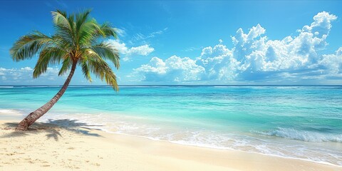 Fototapeta premium Idyllic Tropical Beach with Palm Tree and Clear Blue Sky