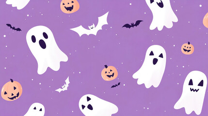 Fototapeta premium Holiday background design with pumpkins, bats and ghosts on purple background. Halloween concept