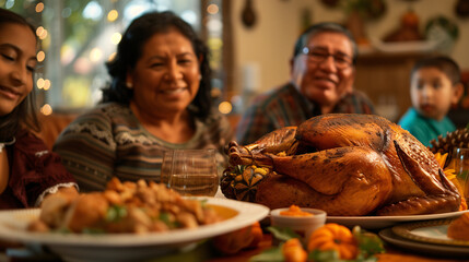 Close up of a Thanksgiving turkey on a table in the party with happy Hispanic family gathering together in the background. Background for the Thanksgiving seasonal celebration.