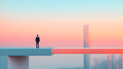 A person stands with their back to a futuristic city skyline, look forward with optimism. The New beginnings, a fresh start, and anticipation for ahead in the journey of life and opportunities.