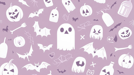 Flat illustration on holiday theme with pumpkins, bats and ghosts on light purple background. Halloween background design concept.