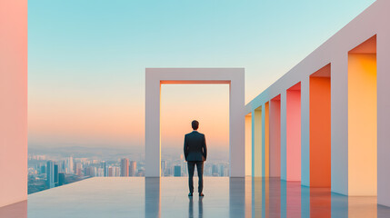 A person stands with their back to a futuristic city skyline, look forward with optimism. The New beginnings, a fresh start, and anticipation for ahead in the journey of life and opportunities.