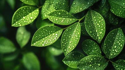 Fototapeta premium A close-up of lush green leaves with dew drops, creating a fresh and vibrant nature-themed background