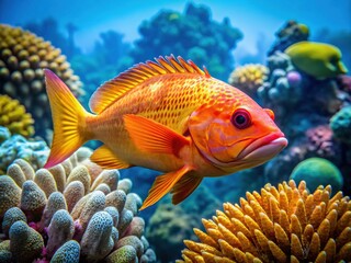 Fototapeta premium Vibrant orange-yellow gomon fish swims amidst coral reef, its intricate scales and fins glistening in the sunlight filtering down through the turquoise ocean water.