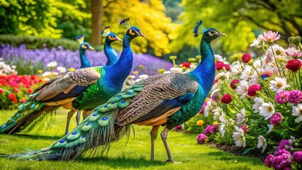 Vibrant peahens with iridescent feathers and elegant plumage forage on lush green grass amidst blooming flowers in a serene and idyllic natural setting.