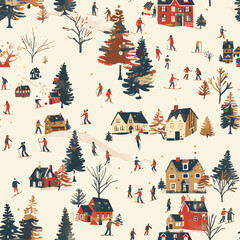 
a New Year's pattern with a winter landscape. print with houses and people who ski. winter day, Christmas holidays