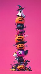 vertical stack of Halloween characters like ghost witch zombie pumpkin skeleton on grim background