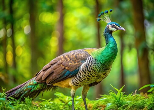 Vibrant peahen with iridescent feathers and intricate eye-like patterns on its plumage struts confidently across a lush green forest floor, showcasing its majestic beauty.
