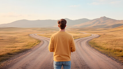 The crossroads of an open landscape, a figure the path ahead, surrounded by multiple roads leading into the distance. Conveys choices, fresh starts, and the anticipation of new opportunities.
