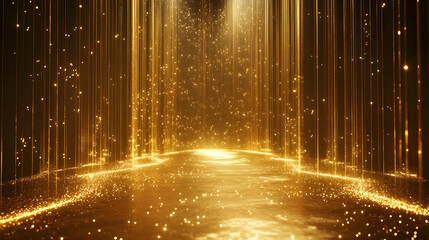A shimmering golden pathway illuminated by soft light and particles.