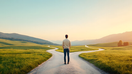 A person stands at a crossroads in an open landscape with multiple paths stretching into the horizon. New beginnings, decision-making, and the journey of self-discovery as endless possibilities.