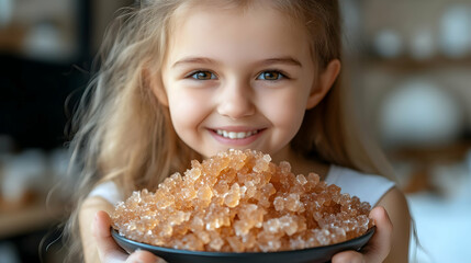 A smiling child holding a bowl of colorful candy-like crystals.