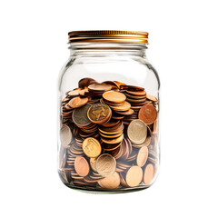 A glass jar full of gold coins isolated on transparent and white background