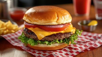 A classic cheeseburger with lettuce, tomato, and onion, on a red checkered napkin with condiments nearby.