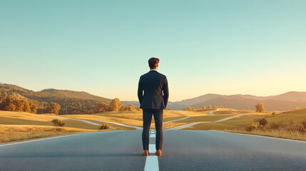 A businessman stands at a crossroads in the vast landscape, surrounded by multiple paths. Captures the essence of decision-making, career direction, and new opportunities awaiting in the future.