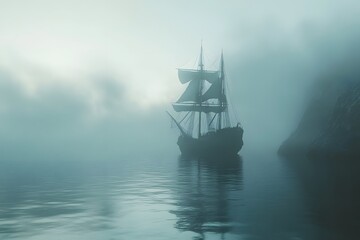 A Silhouetted Ship Navigates through Misty Waters
