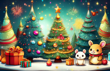 Christmas picture with a Christmas tree, Christmas balls and gifts.