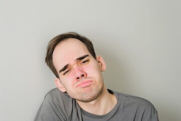 A young man expresses boredom while leaning against a minimalist gray wall during a quiet afternoon indoors