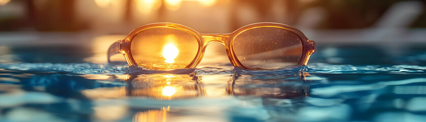 Golden Sunset Reflected in Sunglasses Floating on Water - Photo