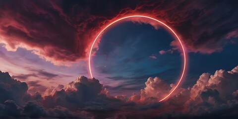 Dramatic dark sky wallpaper graphical work with red circular ring of clouds over a blue sky cloudscape view