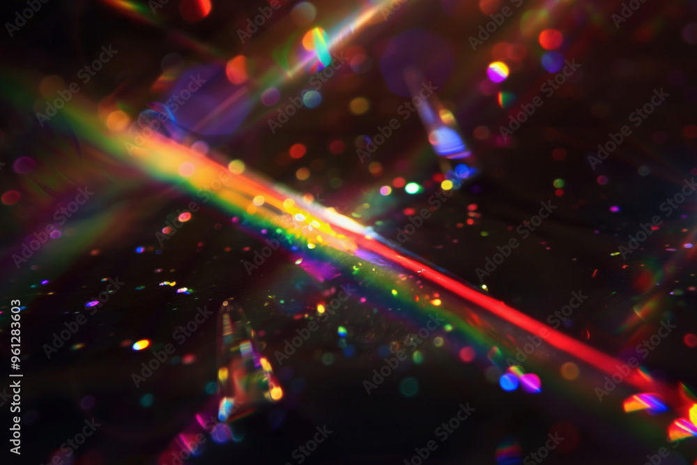 Poster abstract light beams in vibrant colors, bokeh and sparkling particles overlay on dark background. ra
