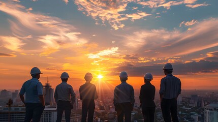 group of professionals standing together, facing a breathtaking sunset over a city skyline.