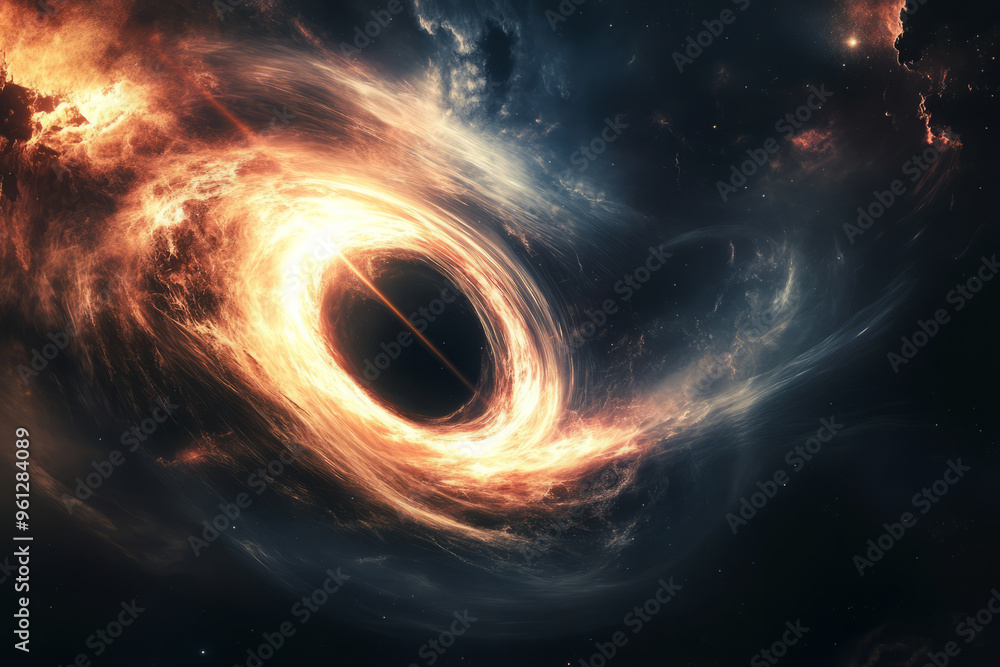 Sticker supermassive black hole is warping fabric of spacetime in outer space. wormhole illustration in univ