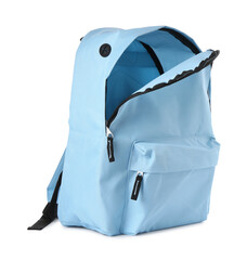 Stylish light blue backpack isolated on white