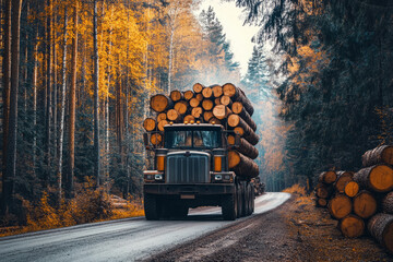 Logging truck is transporting large load of freshly cut timber logs through muddy road in forest