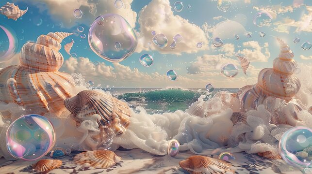 Backdrop featuring oversized seashells and floating bubbles in a surreal ocean