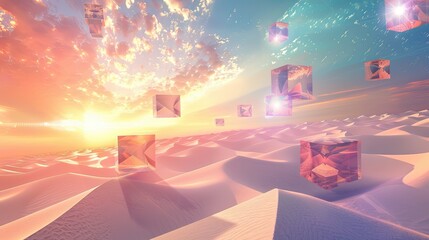 Obraz premium Surreal desert scene with glowing cubes and fluid sand waves under pastel sunset