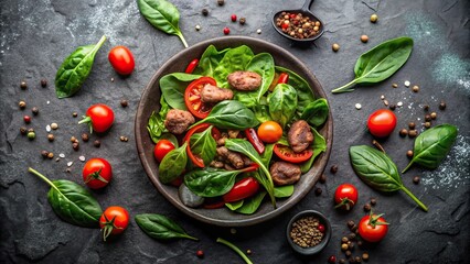 Assorted ingredients including spinach, chicken liver, tomatoes, peppers, spices, and balsamic on stone background.