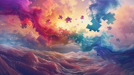 Floating puzzle pieces in surreal landscape under luminous swirling sky in backdrop