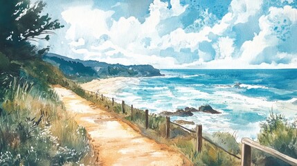 Obraz premium Serene Coastal Pathway: A Tranquil Watercolor Landscape by the Sea