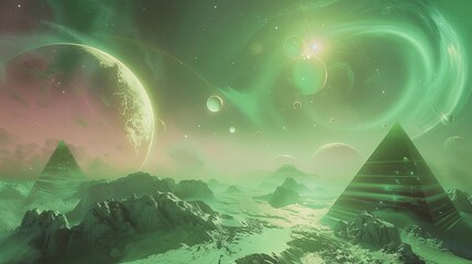 Background of glowing orbs and translucent pyramids under swirling aurora skies