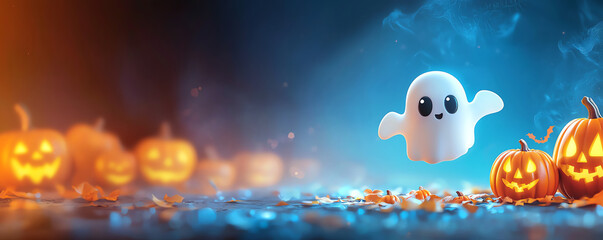 Fototapeta premium A playful ghost floating over spooky pumpkins, creating a festive Halloween atmosphere with vibrant colors.