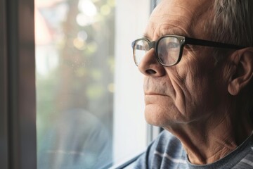 Fototapeta premium Elderly man in eyeglasses gazing thoughtfully out the window, reflecting on life and feelings of solitude during a quiet afternoon