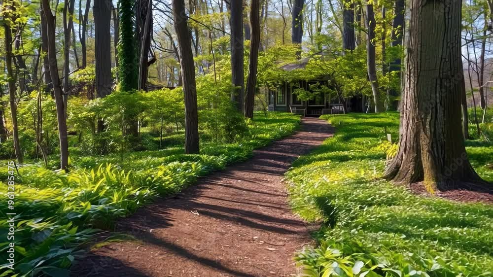 Poster sunlight filters through the trees illuminating a winding pathway leading to a peaceful gazebo nestl