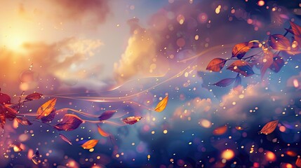 Floating glowing leaves and liquid light streams in surreal landscape backdrop