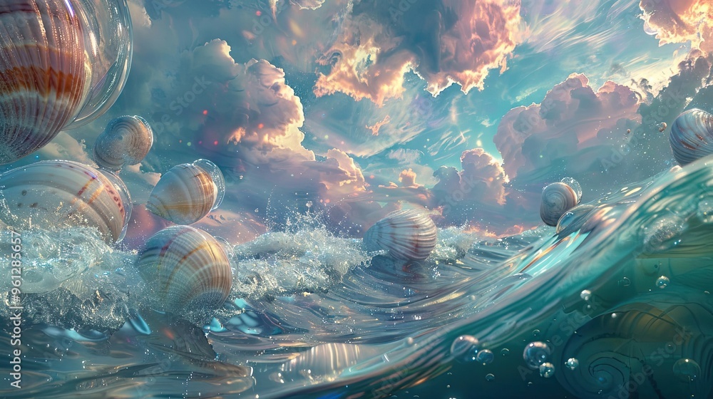 Sticker dreamlike backdrop of glowing shells floating in sea under swirling iridescent sky