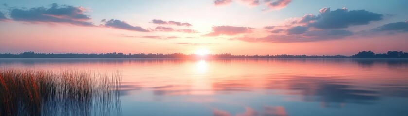 Obraz premium A soft, blurred background of a sunset over a calm lake, with reflections of the sky on the water, creating a peaceful and serene mood