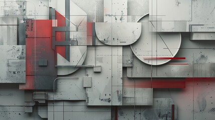 Intricate constructivist wallpaper with geometric forms in gray and red with soft shadows