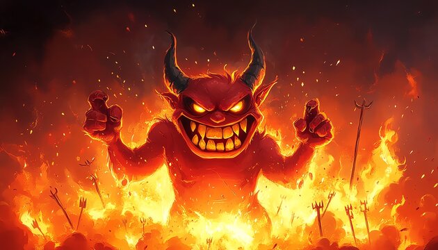 Cartoon devil character with a mischievous grin, making the rock hand gesture, surrounded by flames and pitchforks, fiery background with dark clouds